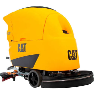 A yellow and black CAT industrial floor buffer machine shown from a three-quarter angle on a white background.