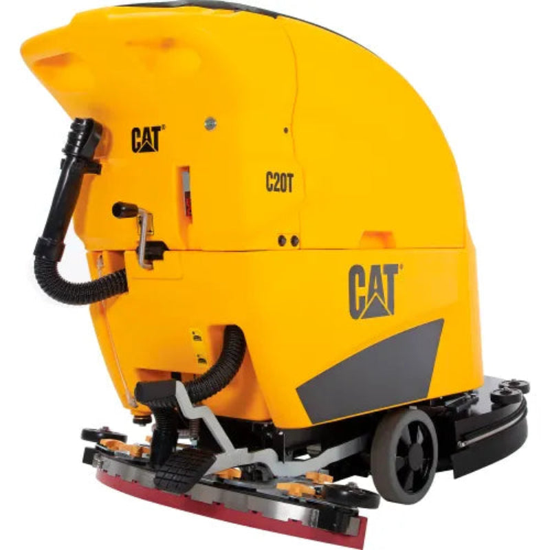 A CAT C20T industrial floor scrubber in bright yellow with black and gray components, shown on a plain white background.