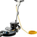 A Global Industrial floor buffer machine with a black and silver base, a white handle assembly, and a yellow power cord coiled on a white background.
