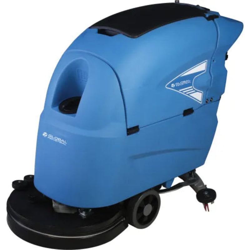 A blue and black Global Industrial commercial floor cleaner machine on a plain white background.