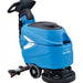 A blue and black Global Industrial commercial floor cleaner with a handle and wheels, shown on a white background.