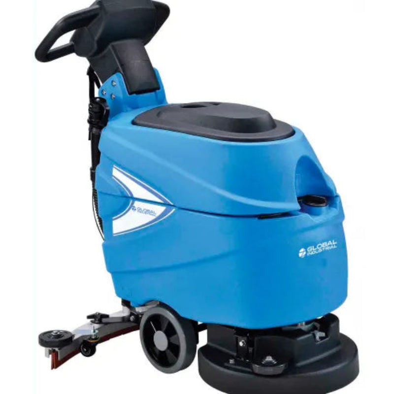 A blue and black Global Industrial commercial floor cleaner with a handle and wheels, shown on a white background.