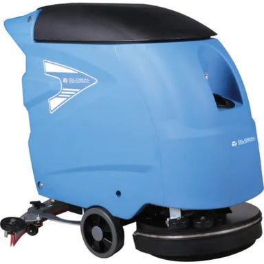 Global Industrial brand blue and black industrial floor scrubber machine with a brush pad, wheels, and cleaning attachment, shown on a white background.