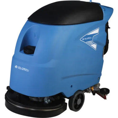Blue scrubber dryer with black top on a white background