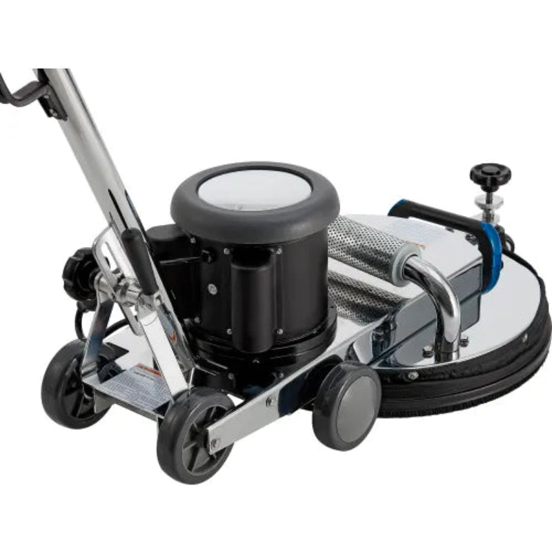 A floor buffer machine with a black and silver body, featuring a circular rotating pad, wheels, a handle, and a blue adjustment knob, shown on a white background.