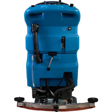 A blue industrial floor scrubber machine with black hoses, adjustment knobs, and a red and black base plate, shown against a plain white background.