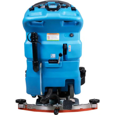 A blue industrial floor scrubber machine with black controls, hoses, and a red and silver base, shown against a plain white background.