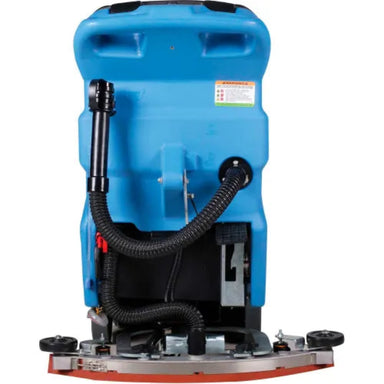 Blue industrial floor scrubber machine shown from the back, featuring a large blue plastic tank, black hoses, and a red and black base platform on a white background.