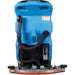 Blue industrial floor scrubber machine shown from the back, featuring a large blue plastic tank, black hoses, and a red and black base platform on a white background.