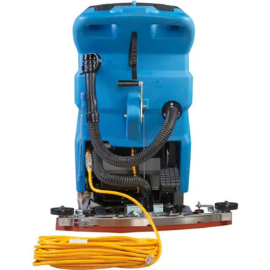 Blue power tool with yellow cord on a white background