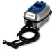 A Goodway steam cleaner with a stainless steel body, blue top handle, and a coiled black hose with a black steam wand, shown on a white background.