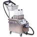 Goodway steam cleaner machine with a brushed metal body, white plastic tanks, black hoses, and caster wheels on a white background.