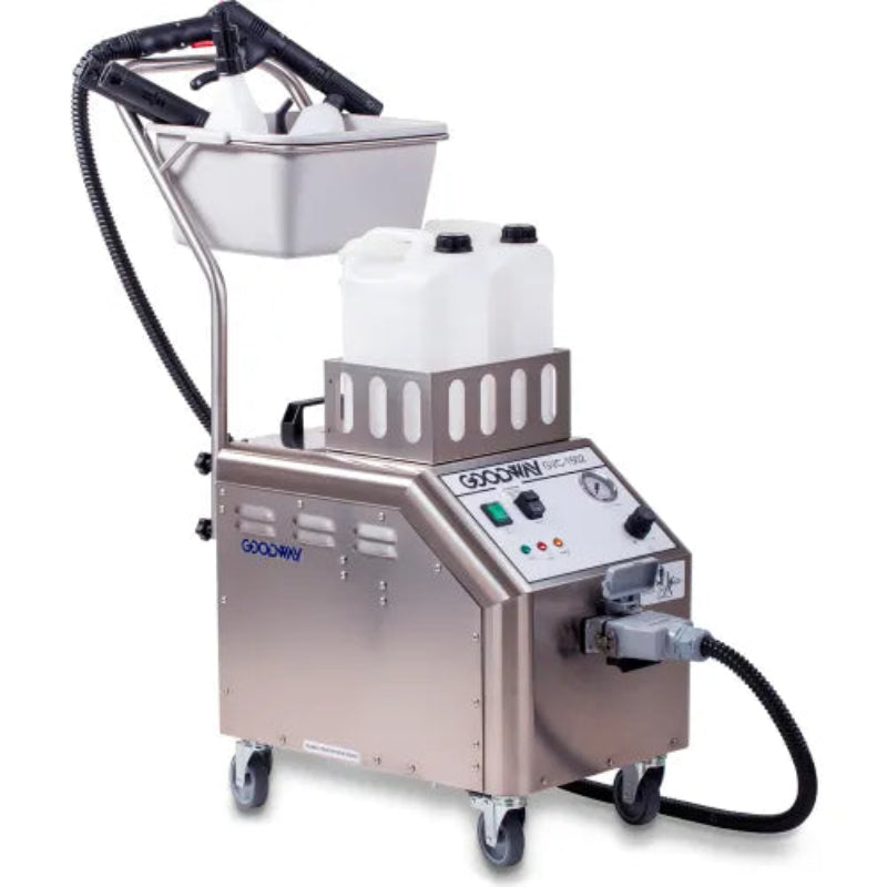 Goodway steam cleaner machine with a brushed metal body, white plastic tanks, black hoses, and caster wheels on a white background.