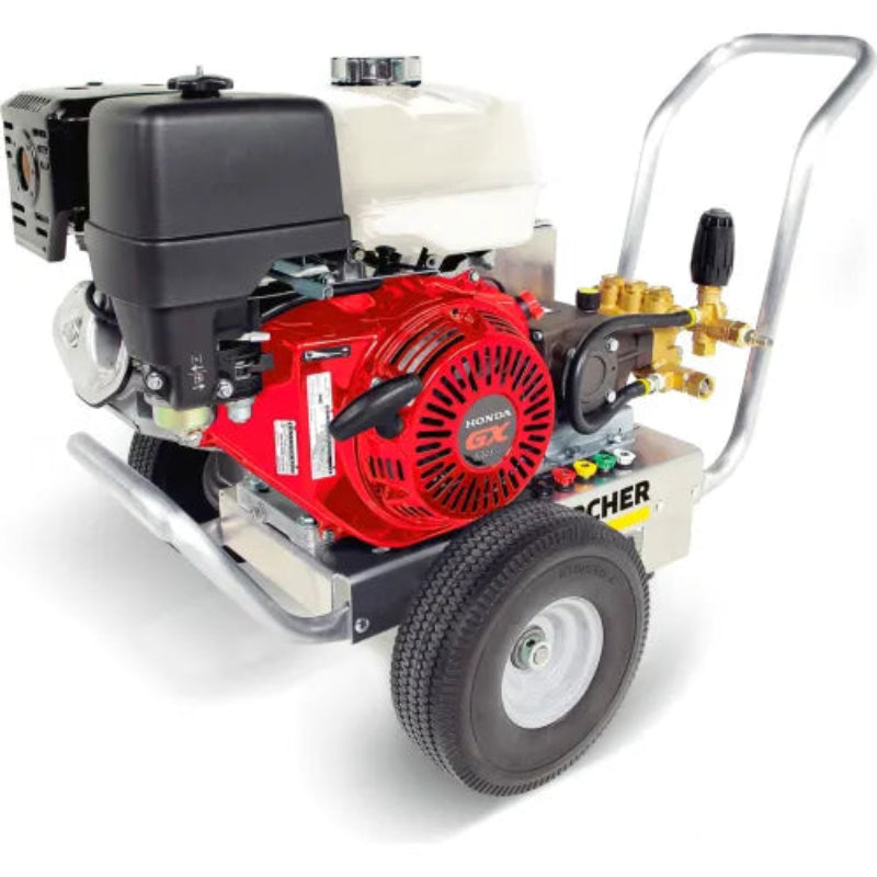A Karcher pressure washer with a red Honda engine, featuring a white plastic tank, black wheels, a silver metal handle, and brass pressure gauges, shown on a white background.