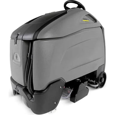 A gray and black industrial steam floor cleaner with a top handle, wheels, and a visible hose, photographed on a clean white background. 