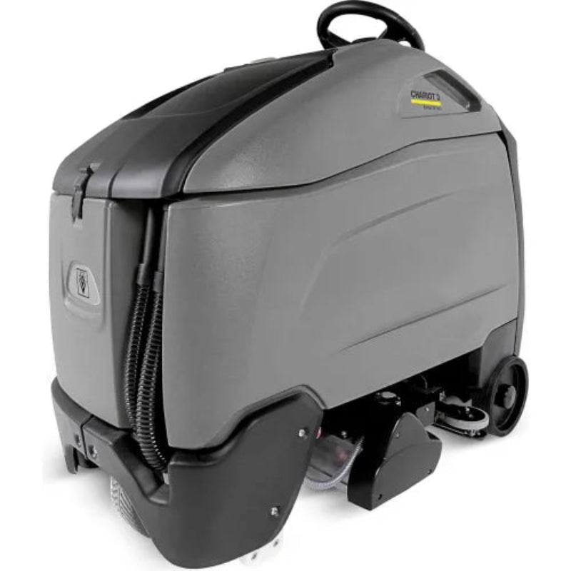 A gray and black industrial steam floor cleaner with a top handle, wheels, and a visible hose, photographed on a clean white background. 