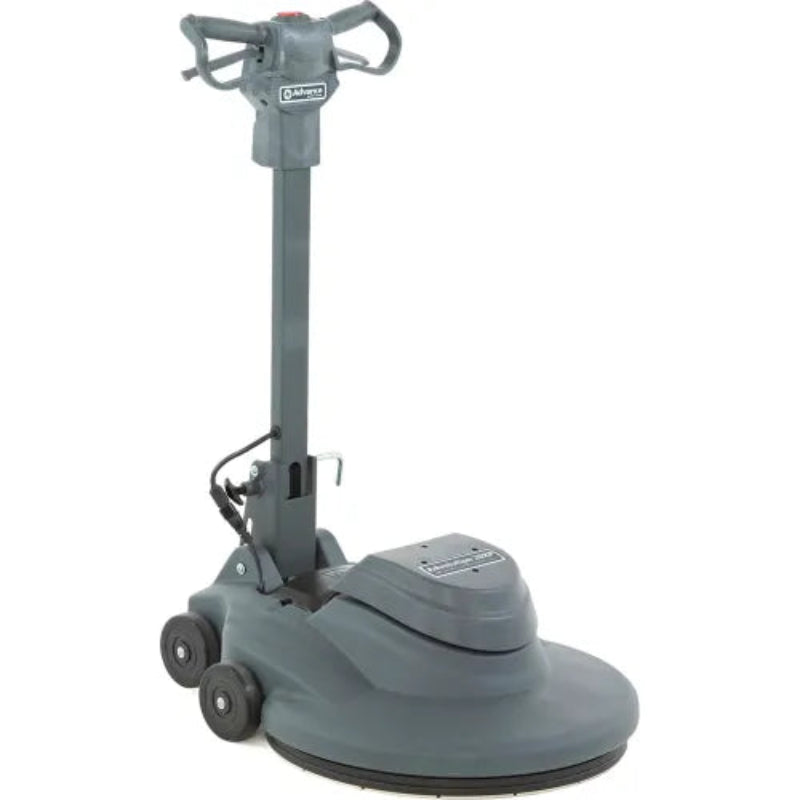 A gray electric floor buffer machine with a vertical handle, three caster wheels, and a circular rotating pad, shown on a plain white background.