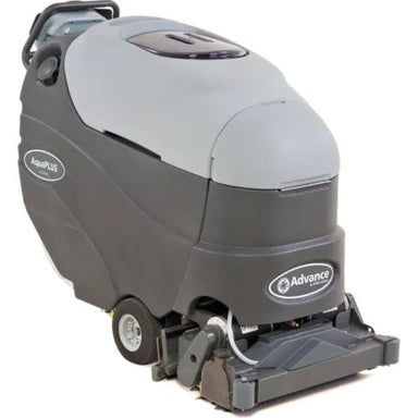 An Advance AquaPlus commercial floor scrubber machine, shown from a three-quarters angle on a white background.