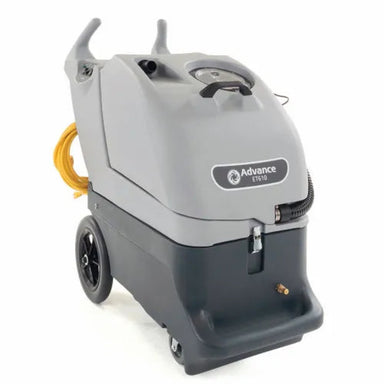 Advance ET610 carpet extractor with a gray and black body, featuring a yellow hose coiled on the side, shown on a white background.