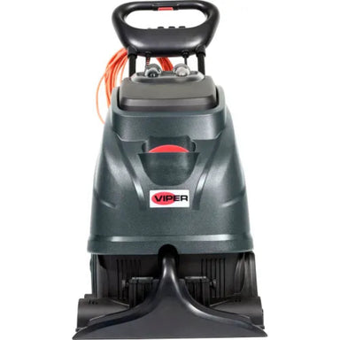 A Viper brand commercial floor cleaner shown from a front-facing perspective on a solid white background. The machine is dark gray with a black handle and a bright orange cord coiled behind it.