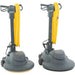Two Nilfisk floor care machines shown side by side on a white background, each with a gray base, handle, and cord, and a yellow foam pad attached.
