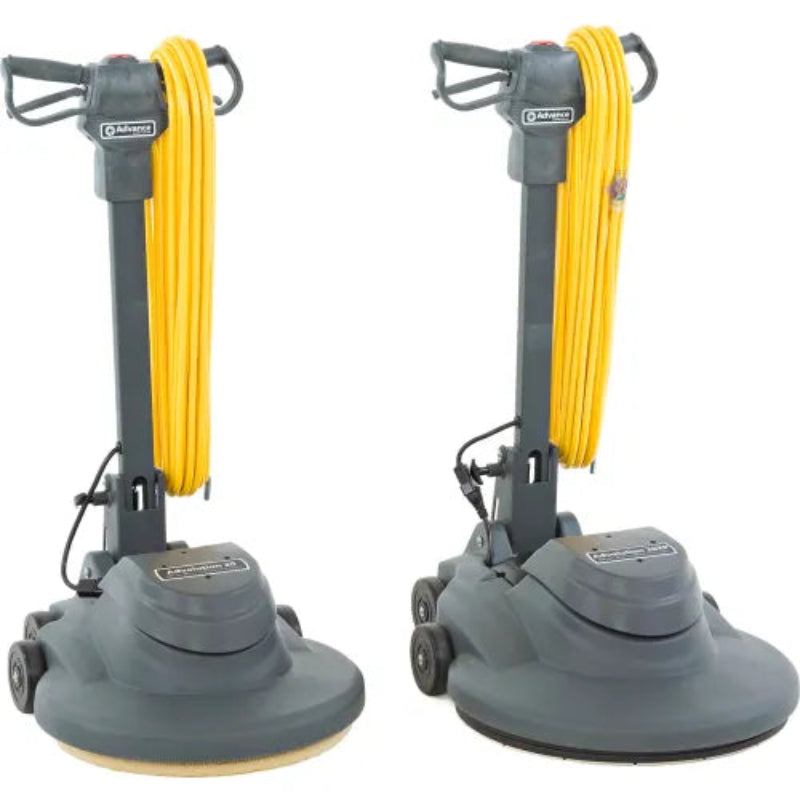 Two Nilfisk floor care machines shown side by side on a white background, each with a gray base, handle, and cord, and a yellow foam pad attached.