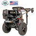 A black and silver pressure washer with a small engine, two rugged wheels, and a handle, shown on a white background with CETA and Made in the USA badges at the top.