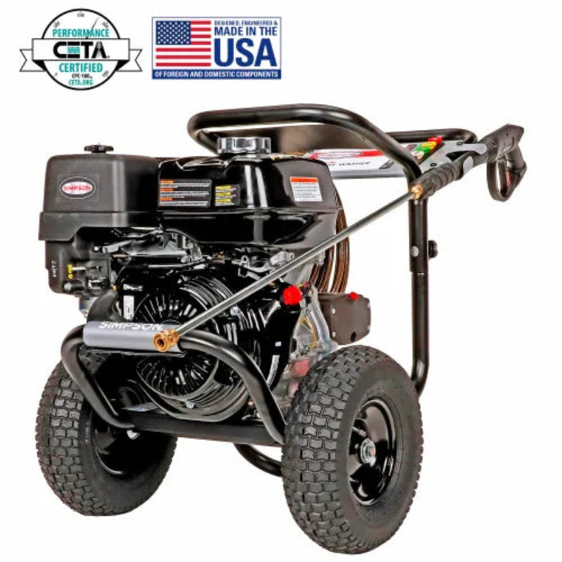 A black and silver pressure washer with a small engine, two rugged wheels, and a handle, shown on a white background with CETA and Made in the USA badges at the top.