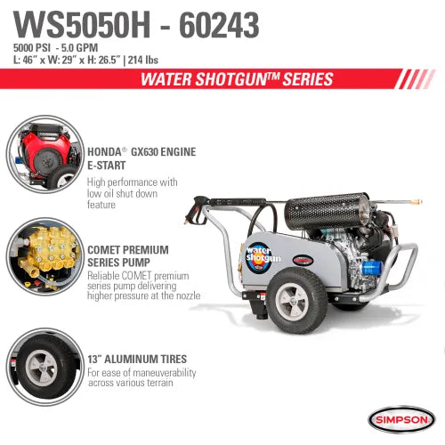 Simpson® Water Shotgun Gas Pressure Washer W/Honda GX630 Engine, 5000 PSI, 5.0 GPM, 3/8" Hose