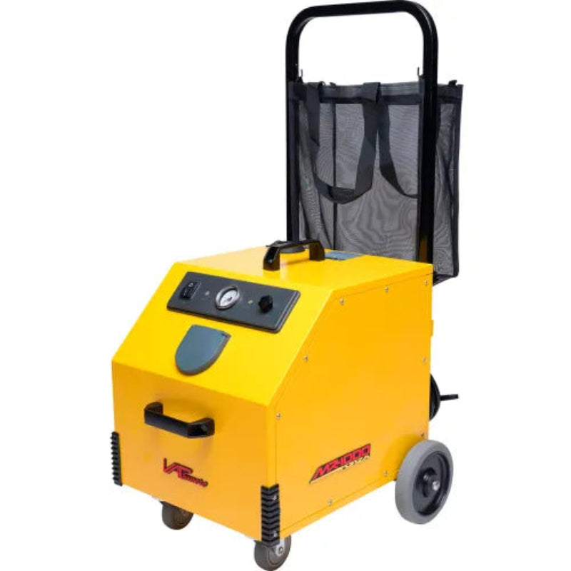 Yellow industrial cleaning machine on a wheeled cart with a black handle and black mesh storage bag, shown on a white background.