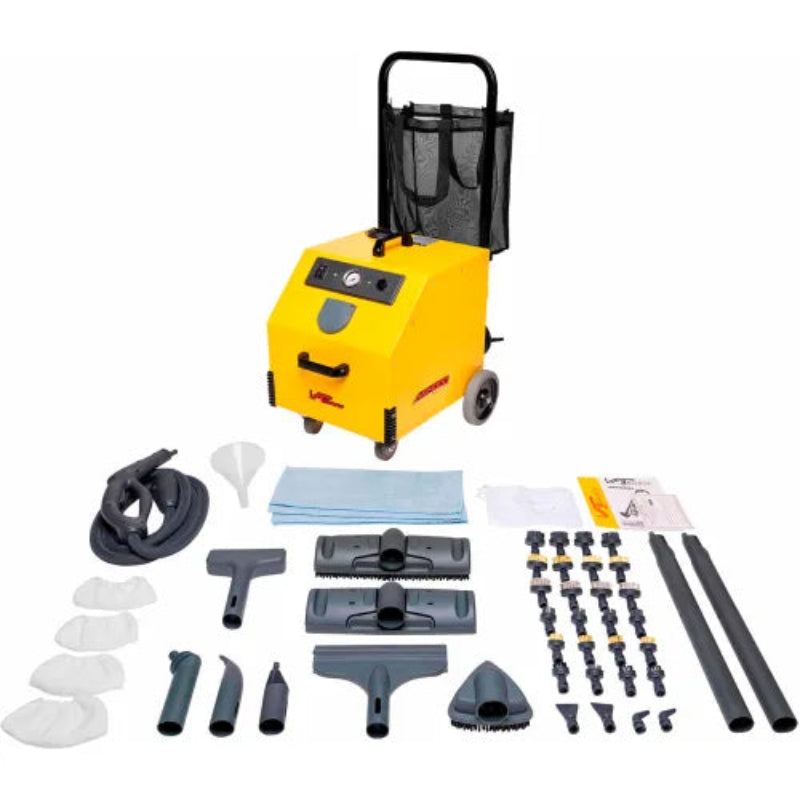 Yellow and black steam cleaner kit with a wheeled cart, shown with multiple attachments, hoses, nozzles, a blue cloth, and paperwork on a white background.