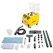 Vapamore industrial steam cleaner kit with a wire storage basket on top, shown with multiple attachments, hoses, mops, and accessories arranged on a white background.