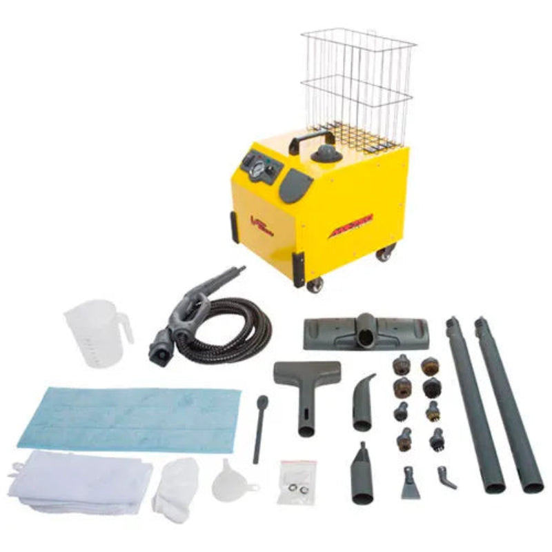 Vapamore industrial steam cleaner kit with a wire storage basket on top, shown with multiple attachments, hoses, mops, and accessories arranged on a white background.